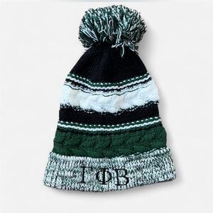 Gamma Phi Beta Striped Knit Pom-Pom Beanie - Black, White, Green